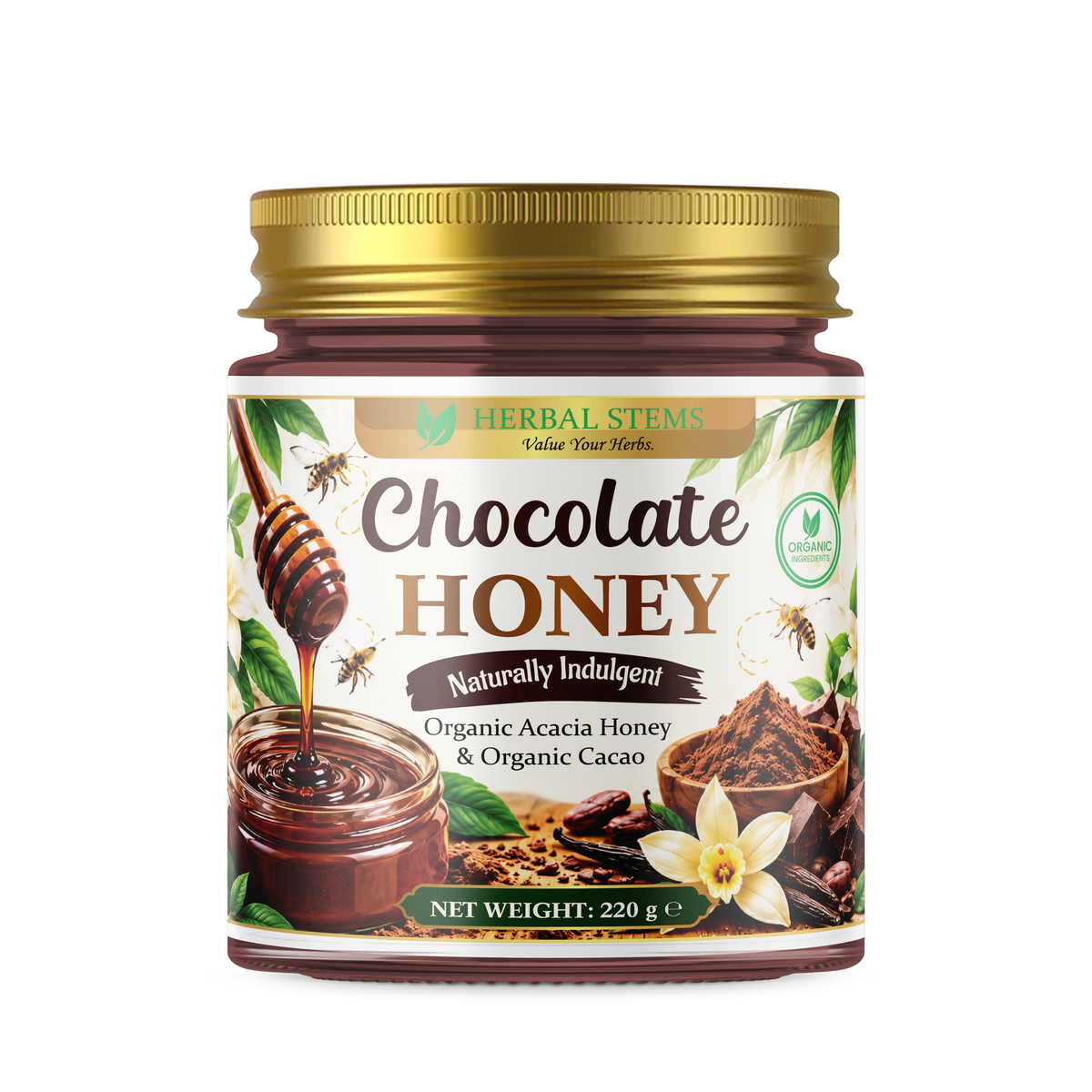 Herbal Stems Chocolate Honey 220g jar - organic acacia honey and organic cacao