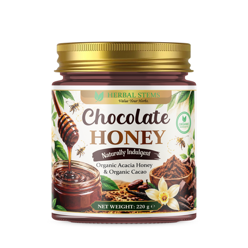 Herbal Stems Chocolate Honey 220g jar - organic acacia honey and organic cacao