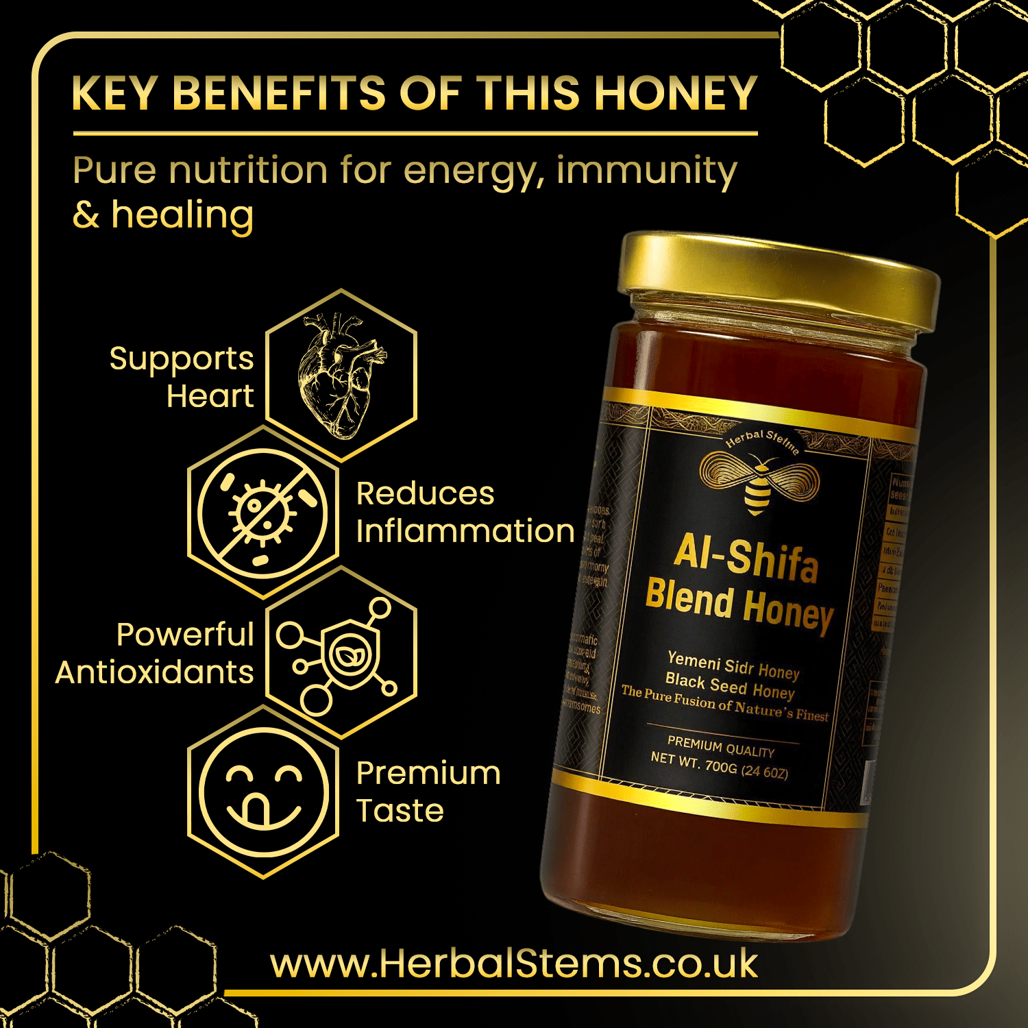 Al Shifa Honey – Premium Yemeni Sidr & Black Seed Blend (700g) - Herbal Stems